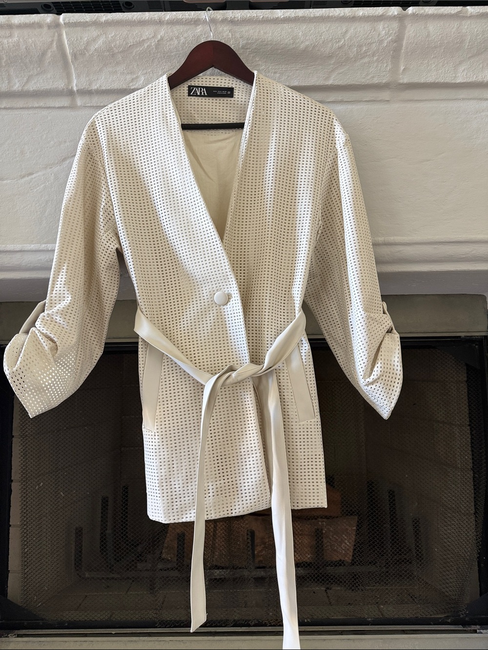 Zara Cream Perforated Faux-Leather Tie-Belt Jacket